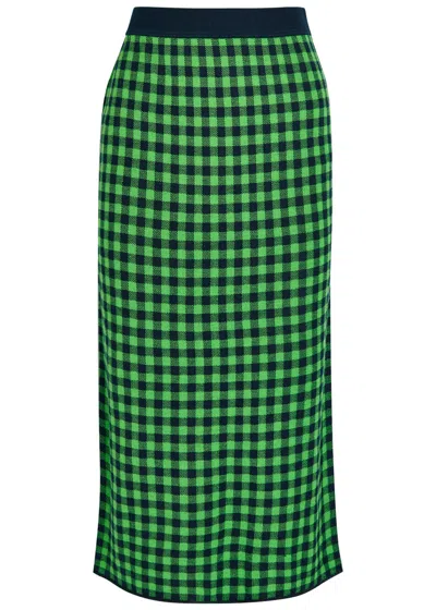 Guest In Residence Gingham Silk And Linen-blend Midi Skirt In Green