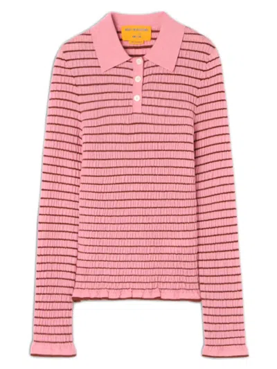 Guest In Residence Long-sleeve Striped Cashmere Slim-fit Polo With Gathered Detail In Pink