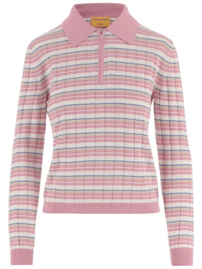 Guest In Residence Multicolor Striped Silk-linen Zip Polo Sweater In Pink