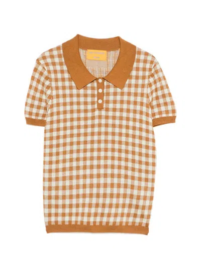 Guest In Residence Polo A Quadretti In Seta Misto Lino Bianco E Caramello  In Brown