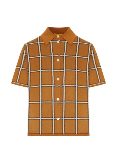 Guest In Residence Polo In Seta Misto Lino A Quadri  In Brown