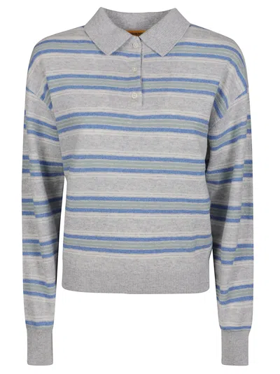 Guest In Residence Polo Neck Sweater In Variegated Blue And Grey Stripes In Gray
