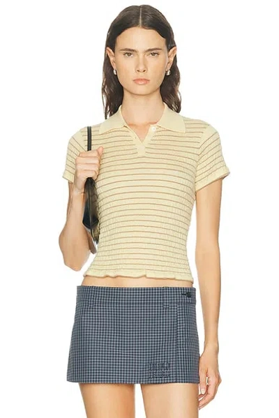 Guest In Residence Smocked Ruffled Striped Cashmere-blend Polo Sweater In Yellow
