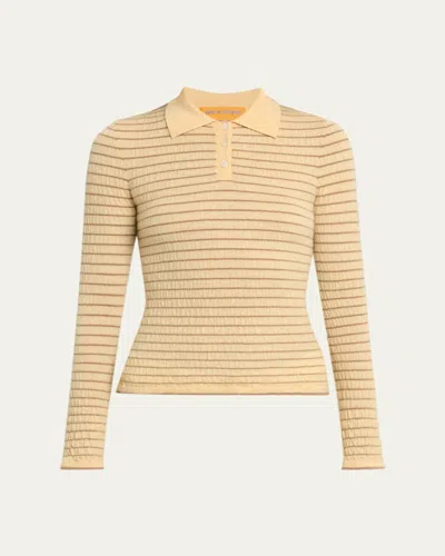 Guest In Residence Smocked Striped Long-sleeve Polo In Orange