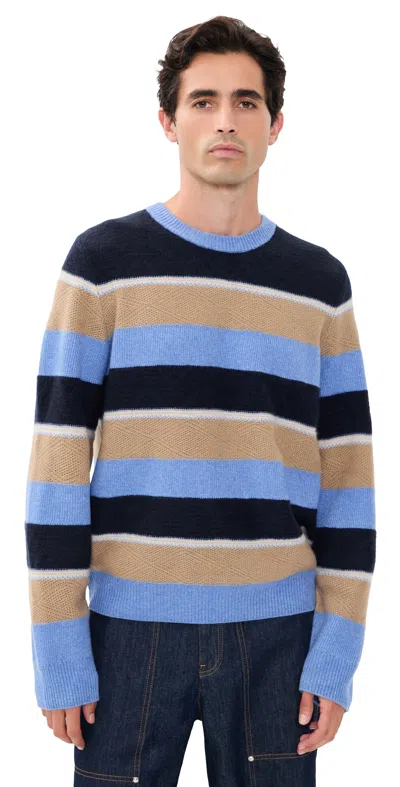 Guest In Residence Stripe Cashmere Crew Sweater Delft Blue Combo