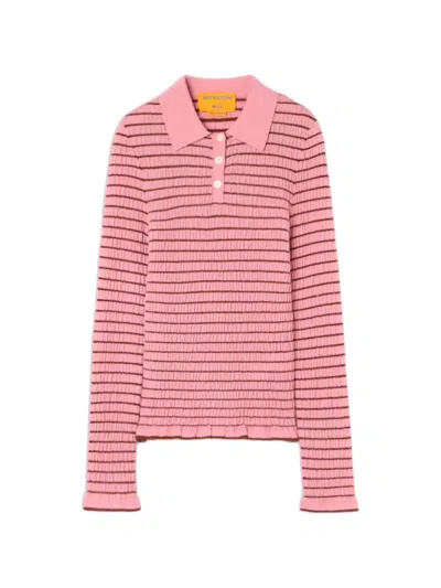 Guest In Residence Long-sleeve Striped Cashmere Slim-fit Polo With Gathered Detail In Pink