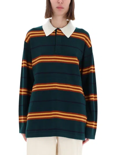 Guest In Residence Striped-pattern Long-sleeve Polo Shirt In Green
