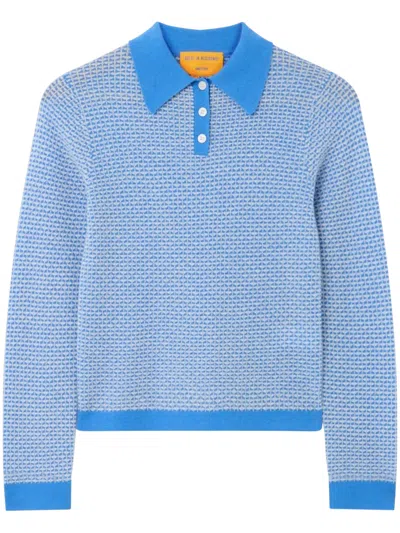Guest In Residence Textured Pique Knit Cropped Long-sleeve Polo In Blue