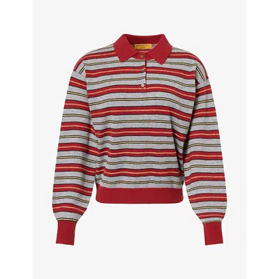 Guest In Residence Womens Collegiate Stripe Cashmere Knit Polo Shirt Carmine Combo In Multi
