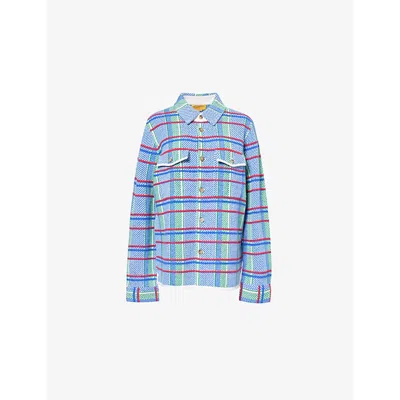 Guest In Residence Womens Plaid Knitted Cashmere Shirt Cobalt Combo