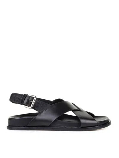 Guglielmo Rotta Flat Black Leather Sandal
