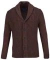 GUIDE LONDON CABLE KNIT SHAWL COLLAR CARDIGAN IN NAVY/RUST