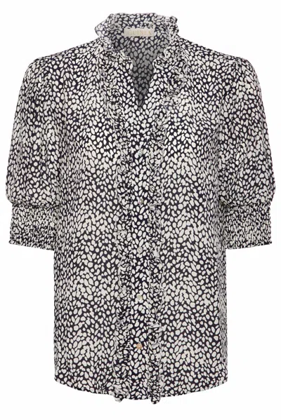 Guinea Women's Blue Short Sleeved Pure Silk Navy Print Blouse