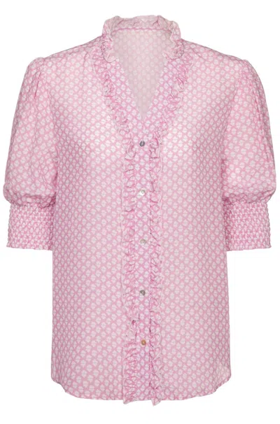 Guinea Women's Pink Summer Shirt - Pure Silk Vintage Print With White Hearts In Multi