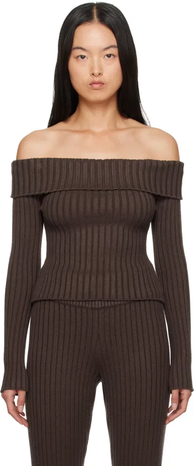 Guizio Brown Thalia Off Shoulder Sweater In Chocloate