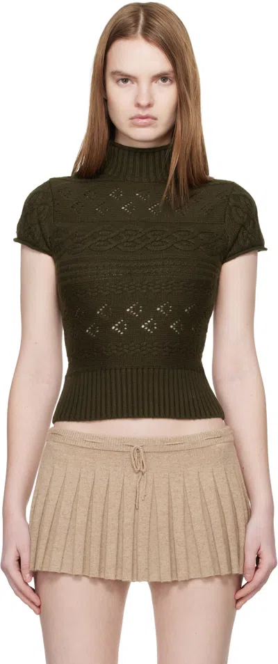 Guizio Khaki Vivienne Short Sleeve Cable Turtleneck In Green