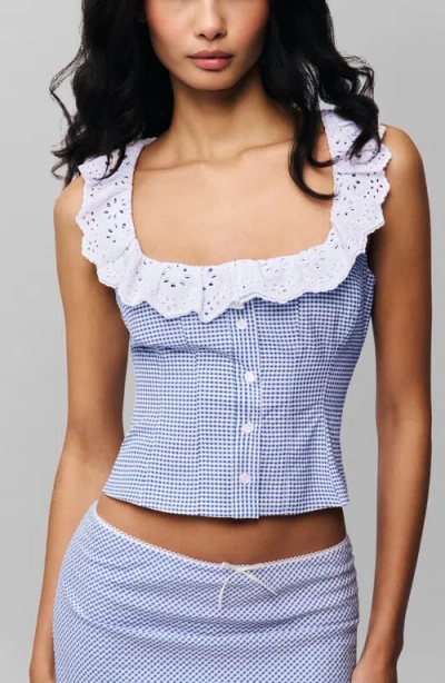 Guizio Paloma Cotton Lace Top In Powder Blue Gingham