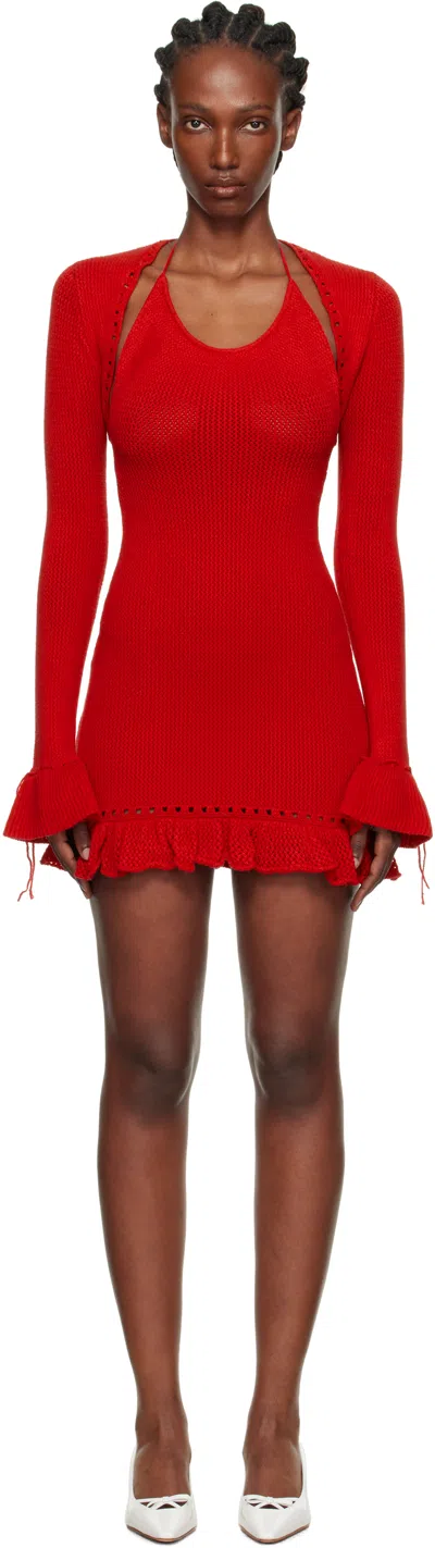 Guizio White Crochet Halter Minidress In Red