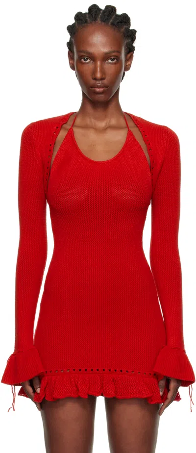 Guizio Red Crochet Ruffle Sleeve Bolero Cardigan