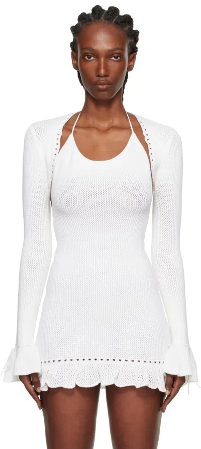 Guizio White Crochet Ruffle Sleeve Bolero Cardigan