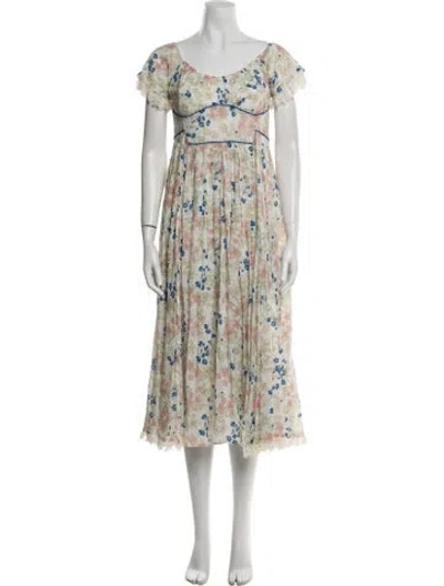 Pre-owned Gül Hürgel Floral Print Midi Length Dress In White