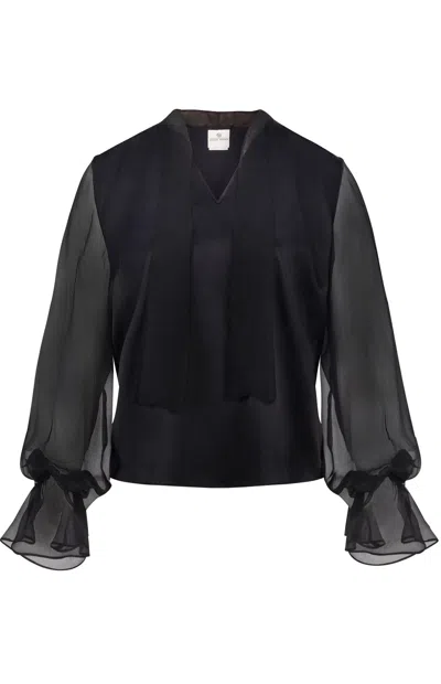 Gunda Hafner Ltd Women's Black Silk Blouse With Sheer Sleeves