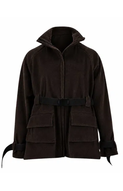 Gunda Hafner Ltd Women's Brown Cotton Corduroy Funnel Neck Jacket With Belt