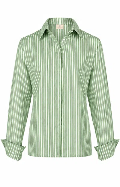 Gunda Hafner Ltd Women's Green And White Striped Linen Cotton Blend Shirt