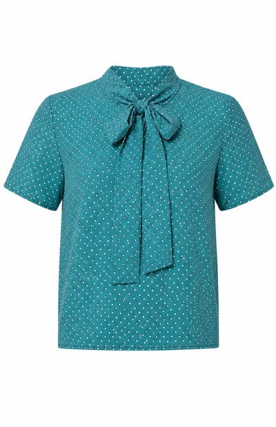 Gunda Hafner Ltd Women's Green / Blue Teal Polka Dot Short Sleeve Bow Shirt In White