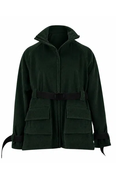 Gunda Hafner Ltd Women's Green Cotton Corduroy Funnel Neck Jacket With Belt