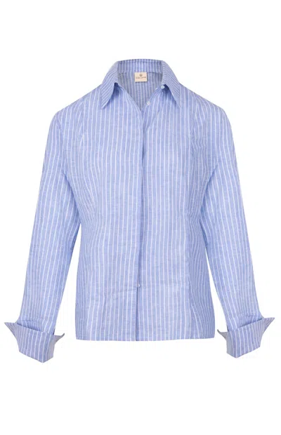 Gunda Hafner Ltd Women's Light Blue And White Striped Linen Cotton Blend Shirt