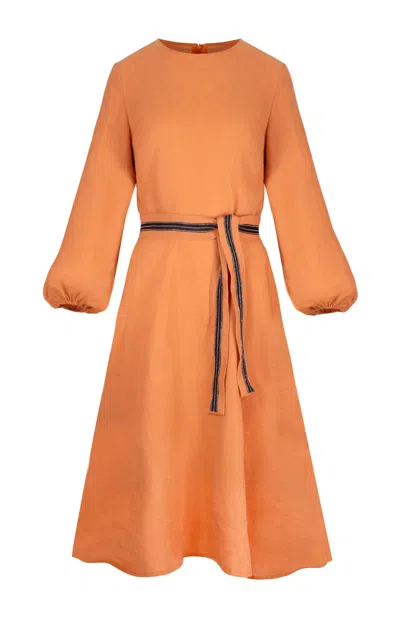 Gunda Hafner Ltd Women's Orange Cotton Viscose Long Sleeve Dress With Embroidered Belt
