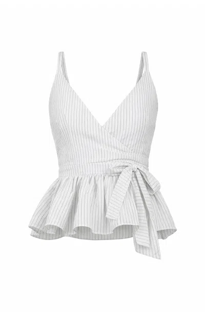 Gunda Hafner Ltd Women's White And Black Stripy Linen Sleeveless Wrap Top With Ruffles