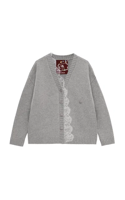 Gunia Project Lace-trimmed  Wool-blend Cardigan In Gray