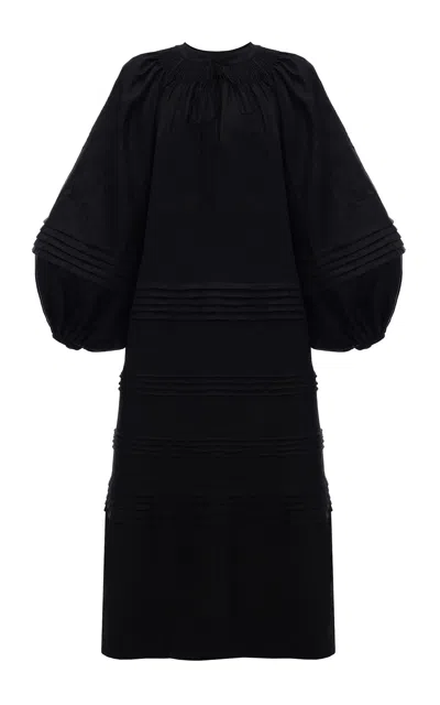 Gunia Project Tomila Embroidered Puff-sleeve Linen Midi Dress In Black