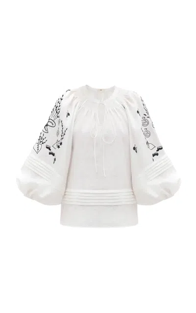 Gunia Project Viryneia Embroidered Puff-sleeve Linen Top In White