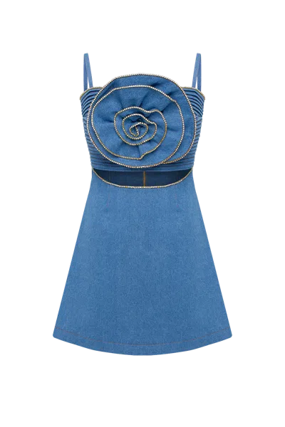Guranda Denim Romantic Dress With Flower In Blue