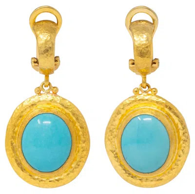 Pre-owned Gurhan 2000's Turquoise 22 Karat Yellow Gold Hammered Gemstone Drop Earrings