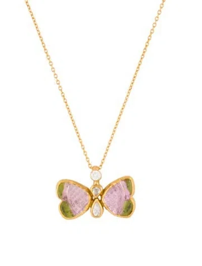 Pre-owned Gurhan 22k Parti-colored Tourmaline & Diamond Butterfly Pendant Necklace, 18" In Multi