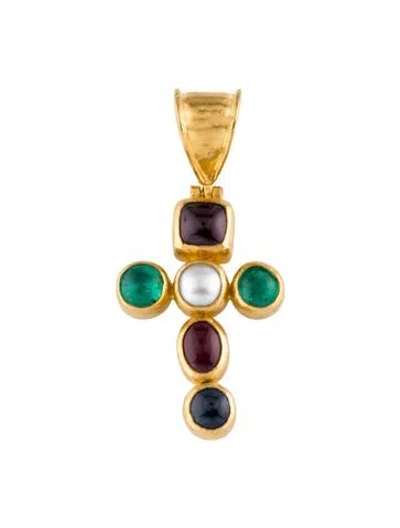 Pre-owned Gurhan 24k Pearl & Multistone Cross Pendant