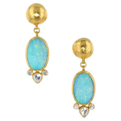 Pre-owned Gurhan 24k Yellow Gold Australian Opal & Diamond Earrings � Luxury Jewelry