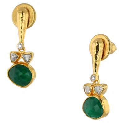 Pre-owned Gurhan 24k Yellow Gold Rose Cut Emerald & Diamond Drop Earrings � Luxury Jewelry