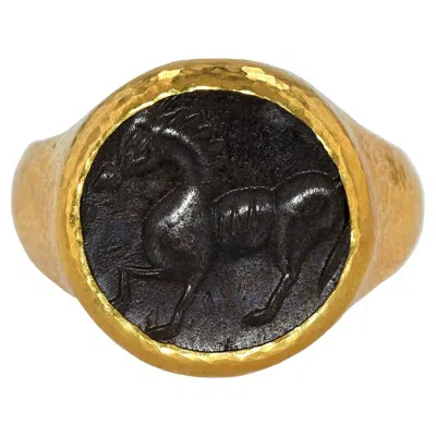 Pre-owned Gurhan 24k Yellow Hand Hammered Gold Horse Coin Signet Ring