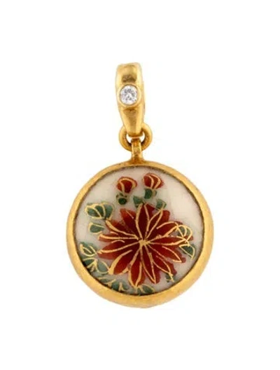 Pre-owned Gurhan Diamond & Enamel Japanese Satsuma Flower Pendant, 1" In Multicolor