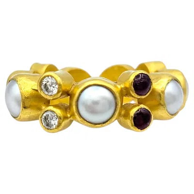 Pre-owned Gurhan Freshwater Pearl, Diamond & Multi Gemstone Band Ring 23 Karat Yellow Gold