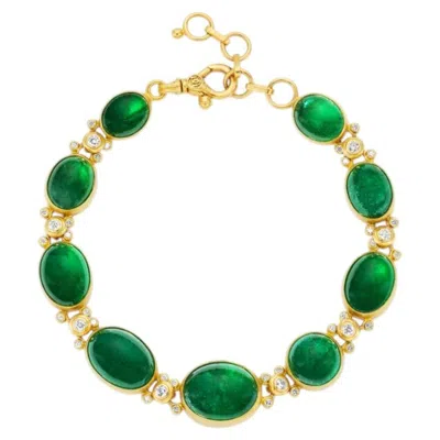 Pre-owned Gurhan One-of-a-kind 24k Gold Cabochon Emerald & Diamond Bracelet In Green