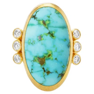 Pre-owned Gurhan One-of-a-kind 24k Gold Royston Turquoise & Diamond Oval Ring In Multiple