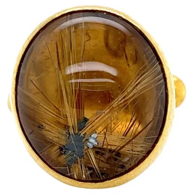 Pre-owned Gurhan Rune Gold Stone Cocktail Ring In 24k Gold With Rutilated Quartz Size 6 In Multi