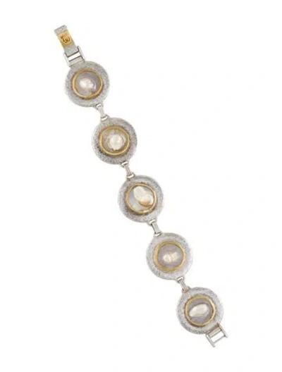 Pre-owned Gurhan Two-tone Pearl Coin Link Bracelet, 6.5" In Multi