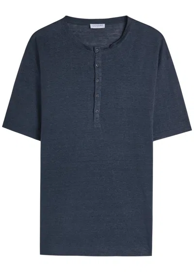 Gusari Short Sleeve Henley Linen T-shirt In Blue